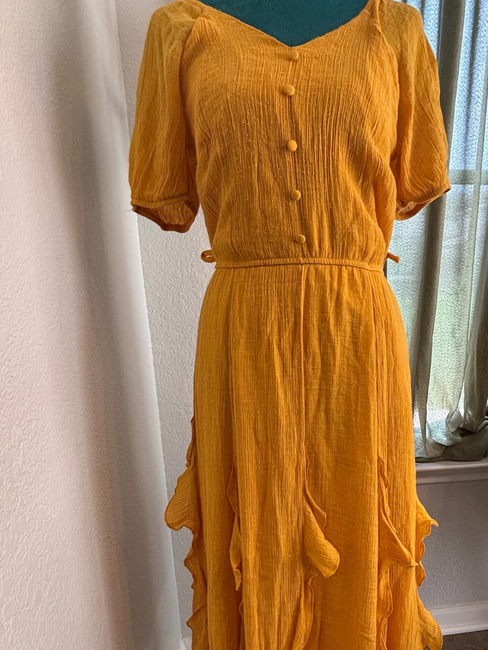 Textured Mustard Yellow Midi Dress with Button Front